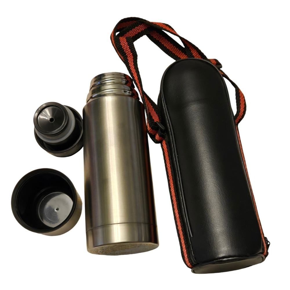 Stainless Steel Vacuum Thermos Bottle Travel Mug w/ Carry Case Strap - Picture 1 of 11